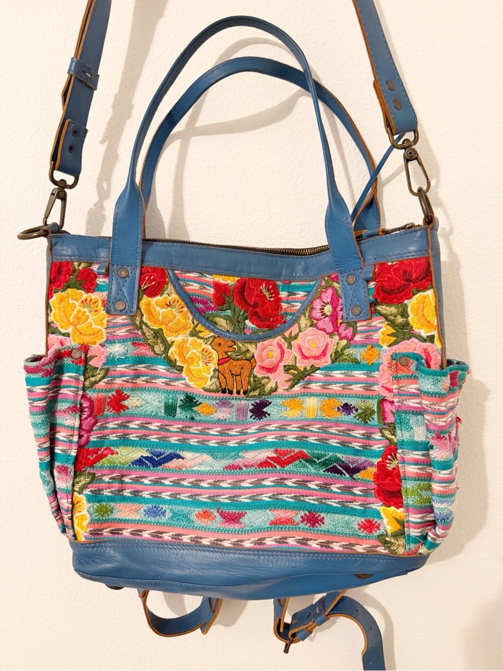 Hasta La Vista Convertible Leather Embroidered Bag Backpack Floral *